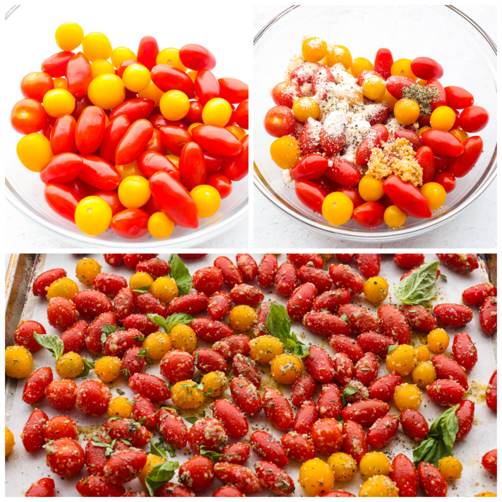 2 pictures of cherry tomatoes in a glass bowl being coated with the seasoning and an third picture showing the coated tomatoes on a baking sheet with parchment paper. 