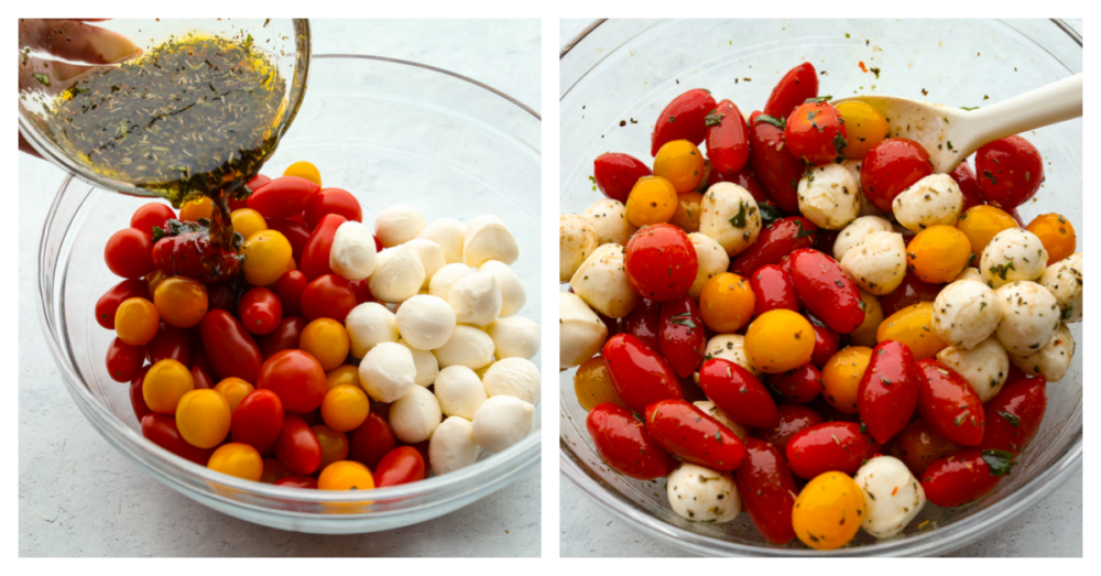 2 pictures showing the ingredisnet for cherry tomato salad in a glass bowl with the dressing being poured on and mixed in. 