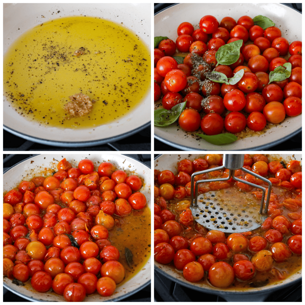 Four process photos of how to make cherry tomato sauce.  First photo is olive oil and garlic in a large skillet.  Second photo is the cherry tomatoes, seasonings, and fresh basil added to the skillet.  Third photo is the cooked tomatoes and seasonings in skillet.  Fourth photo is mashing the tomati in the skillet.