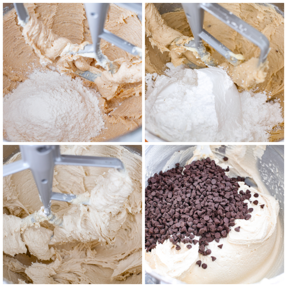 4-photo collage of frosting ingredients being mixed together.