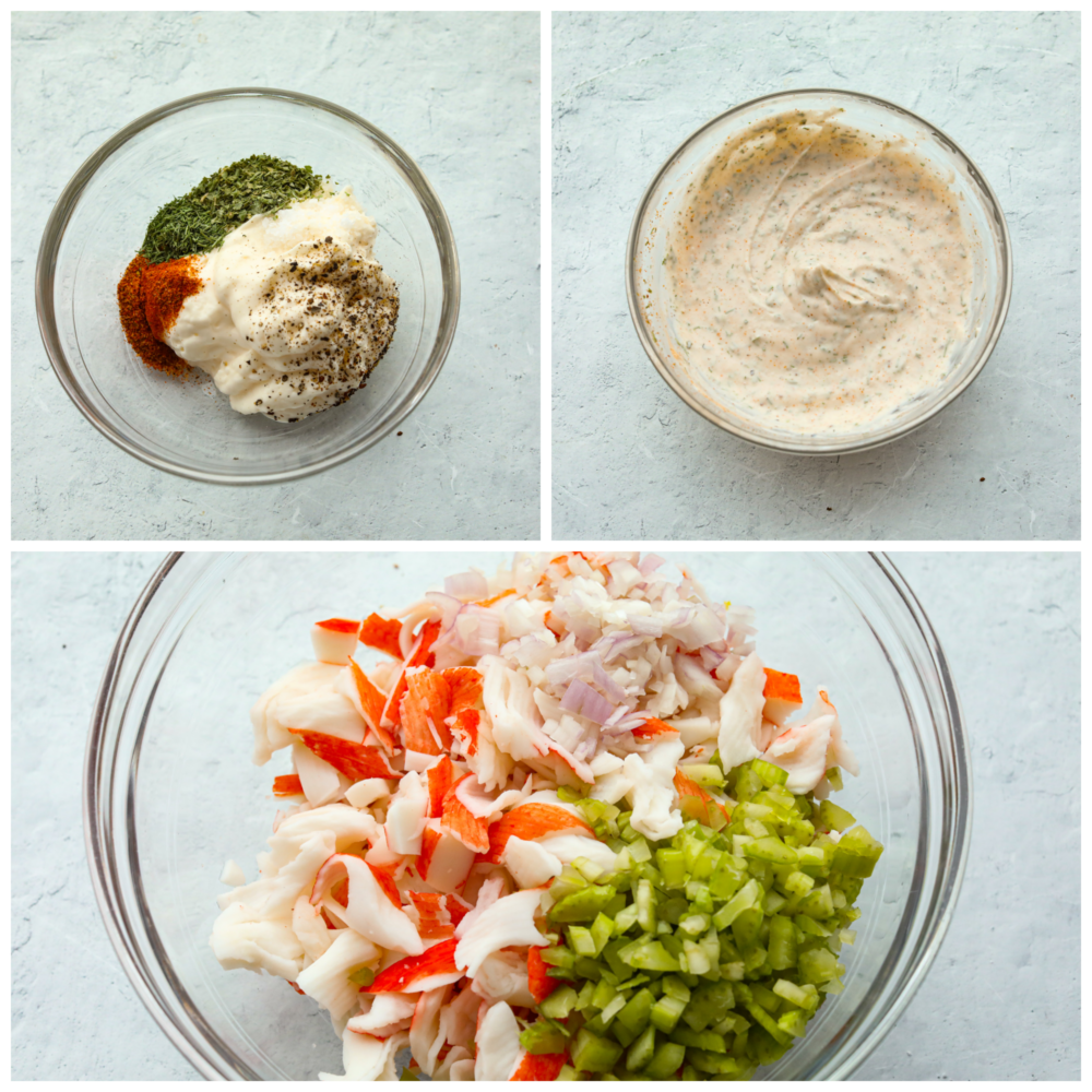 3-photo collage of salad ingredients being mixed together.