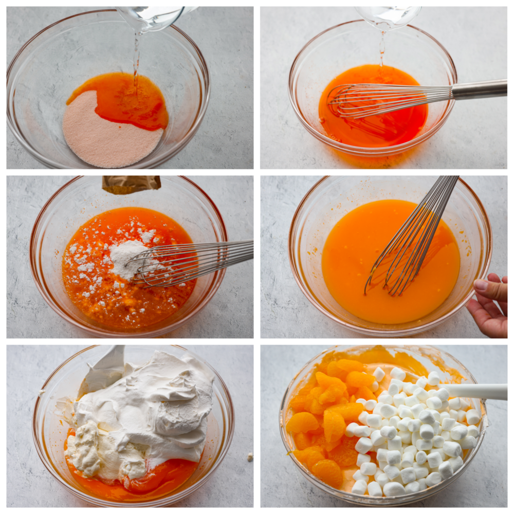 6 pictures showing how to make the jello base, add in the cool whip and then fold in the mandaring oranges and marshmallows. 