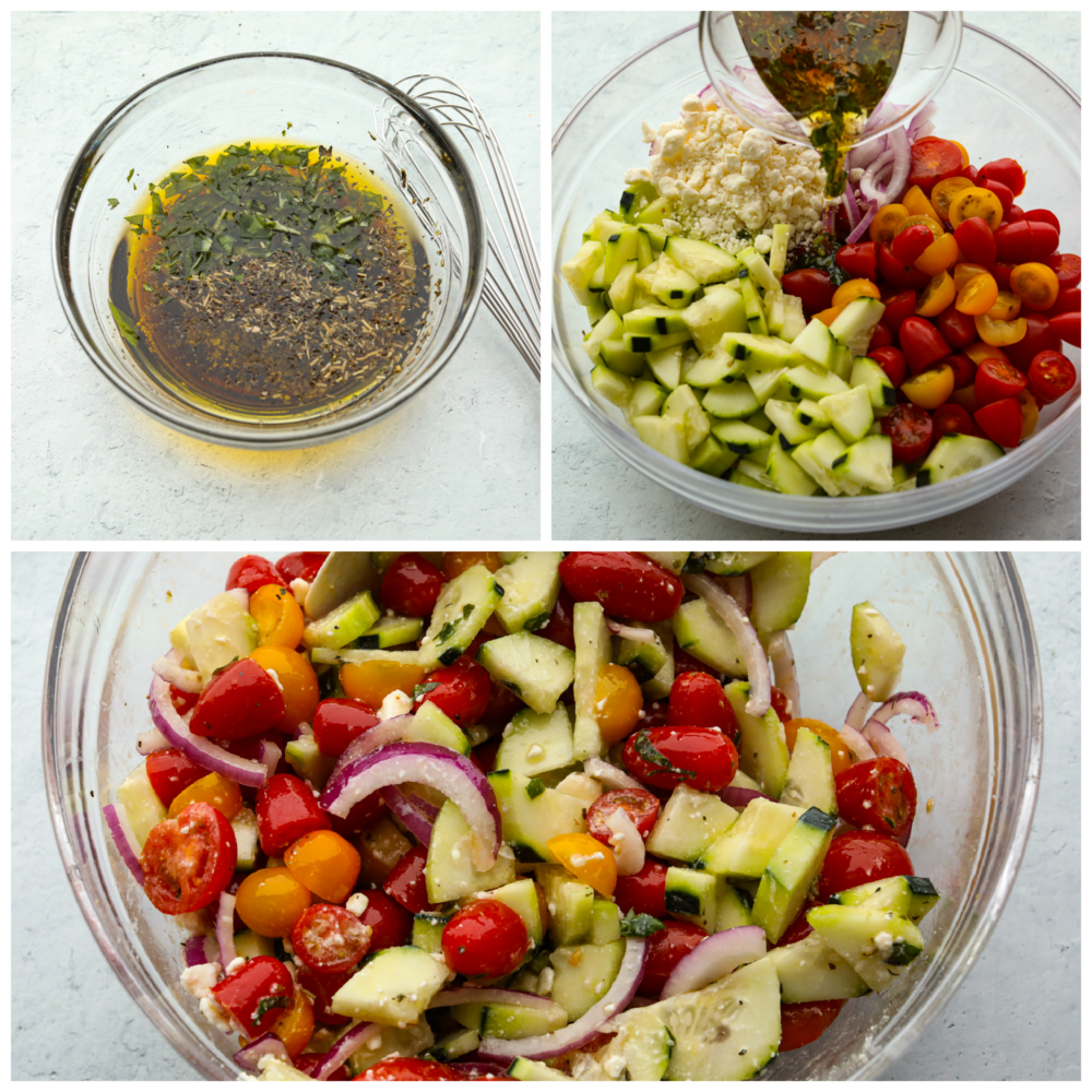 3 pictures showing how to add the dressing and toss it in the salad. 