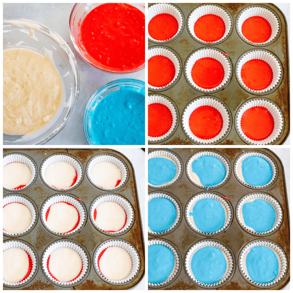 4 pictures showing how to make the cupcake batter, color it and add it to the cupcake liners. 