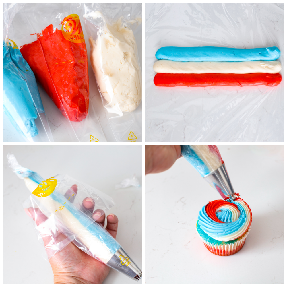 4 pictures showing how to combine the frosting colors together to make a tie-dye swirl on top. 