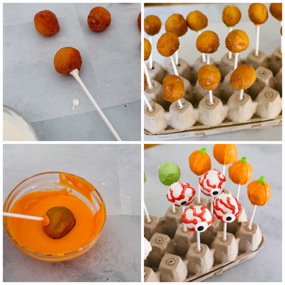 4 photo collage of donut holes being assembled dipped in candy melts and decorated TeamJiX