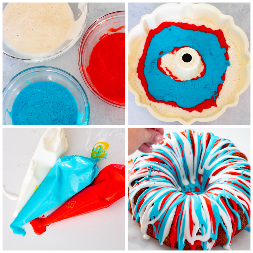 4 pictures showing how to tint the batter and the frosting to be red, white and blue. 