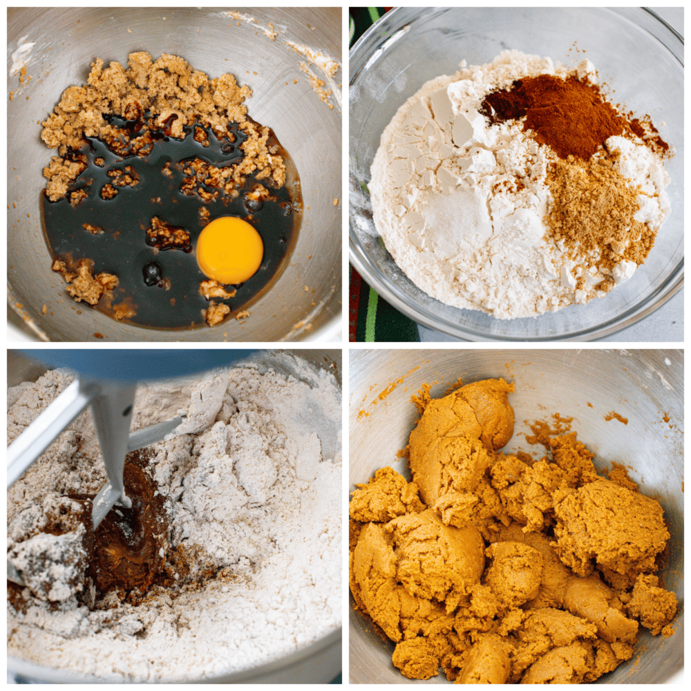 Process photos showing the ingredients to be creamed in a bowl, the dry ingredients mixed together, the dry ingredients added to the wet, and them all mixed together.