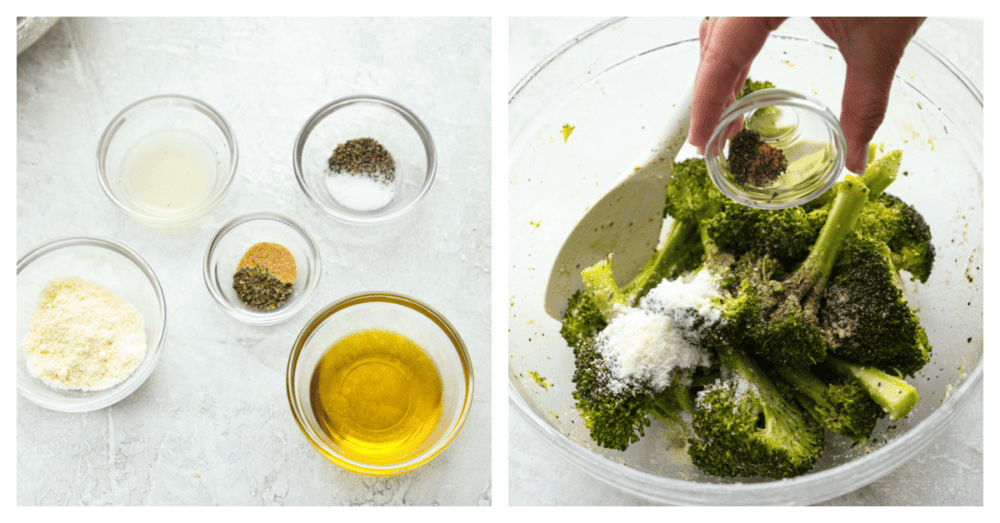 2-photo collage of seasonings being added to a bowl of fresh broccoli.