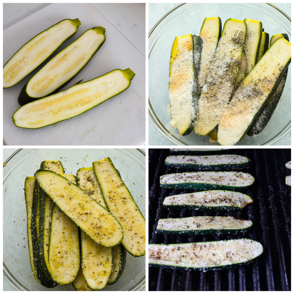 4 pictures showing how to season zucchini and add it to a grill. 