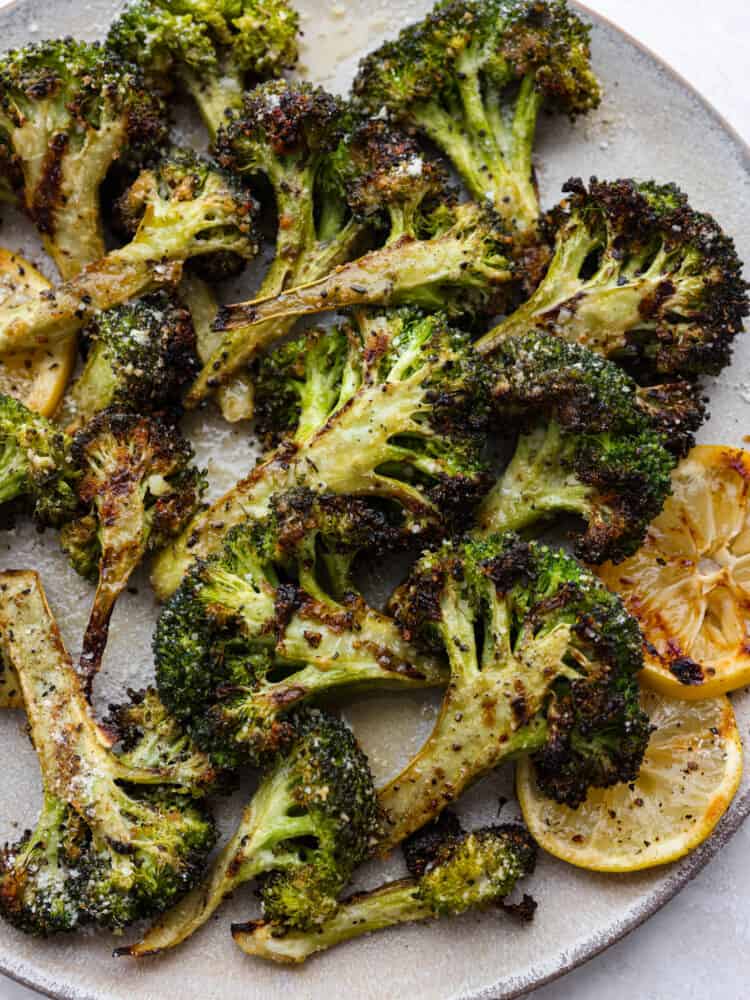Closeup of parmesan garlic grilled broccoli.