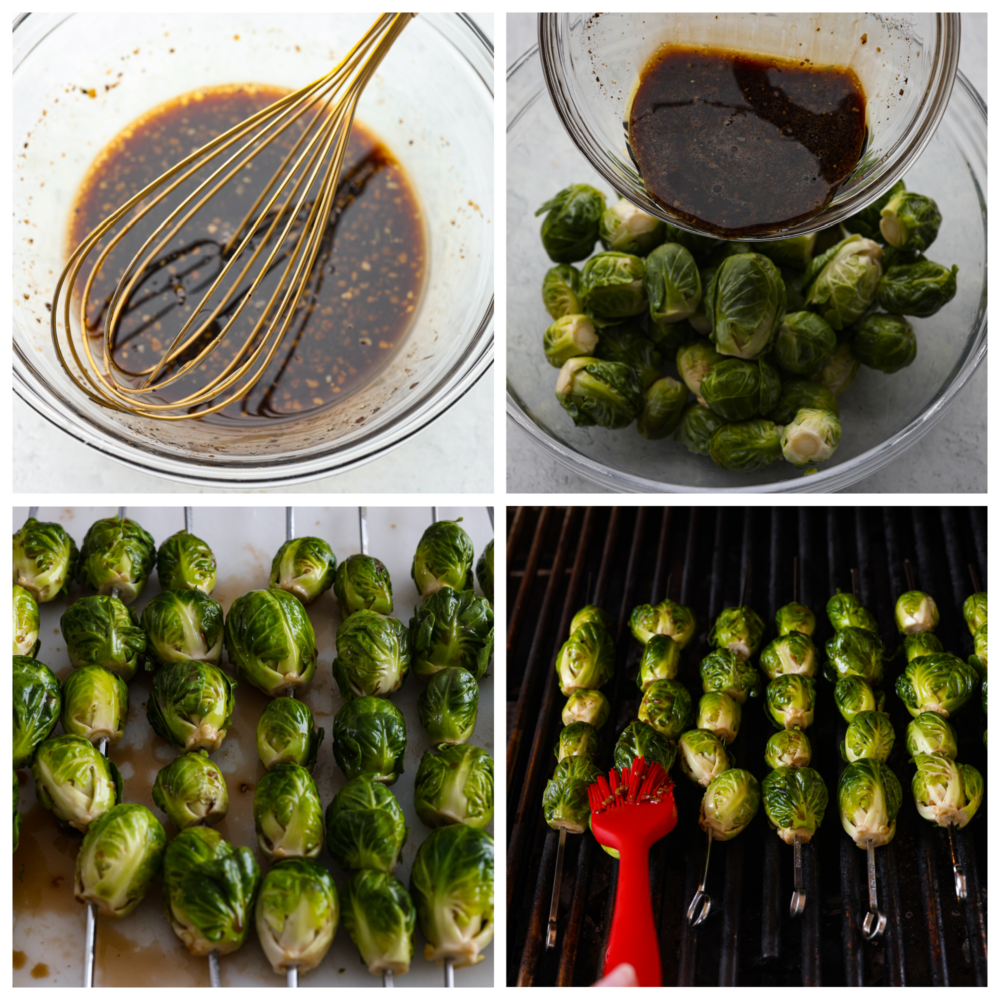 4-photo collage of balsamic glaze being prepared and brushed onto brussels sprouts skewers.
