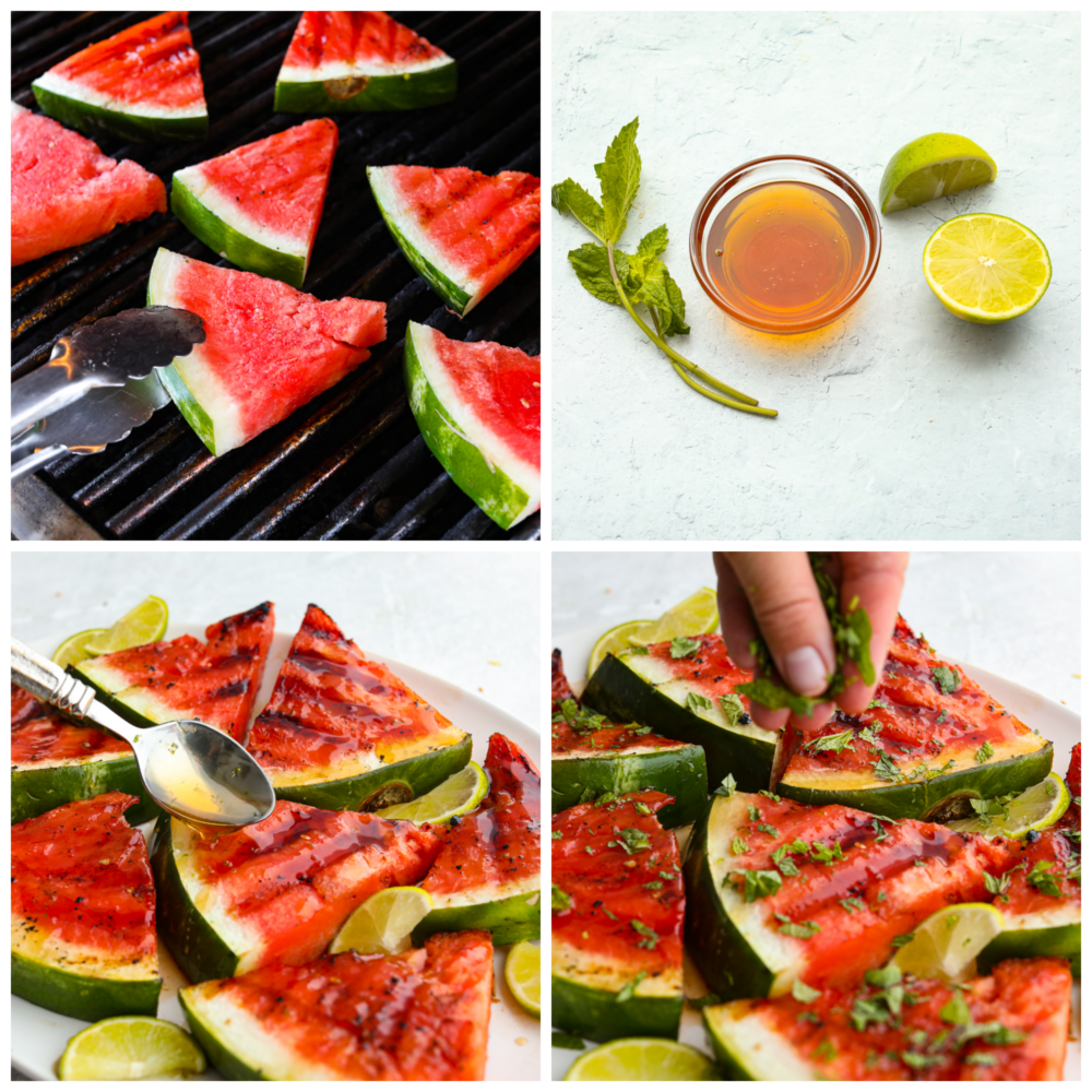 4-Foto-Collage einer Wassermelone, die gegrillt und mit einer Honig-Limetten-Glasur garniert wird.