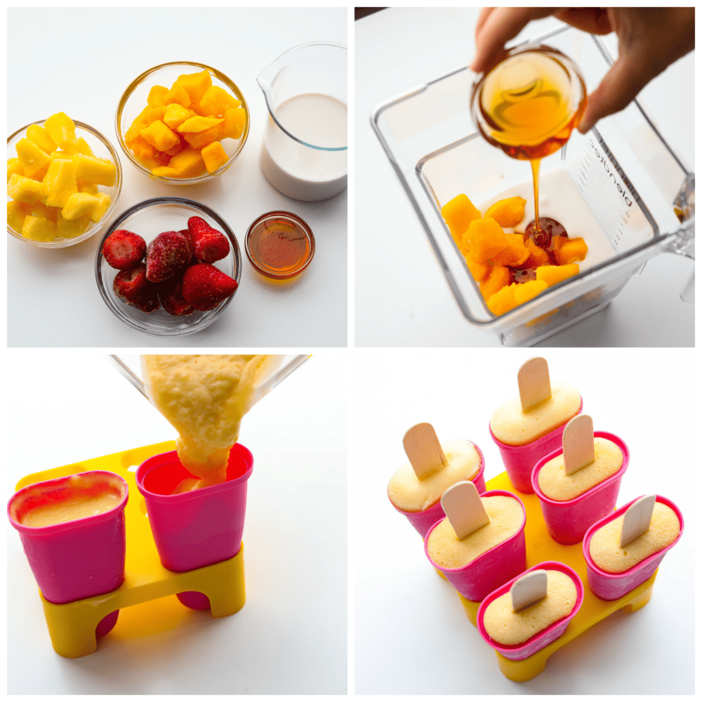 4-photo collage of fruit being blended and added to popsicle molds.