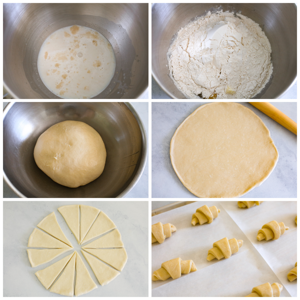 6 pictures showing how to make the roll dough, roll it out and form the dough. 