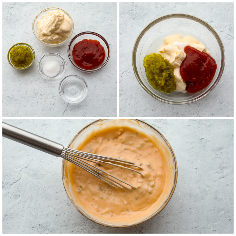 3 photos of the process of making 
In-N-Out sauce.  First photo is all the ingredients placed in separate bowls.  Second photo is all the ingredients combined into one bowl.  Third picture is the sauce mixed together in a bowl with a whisk laying in the bowl.