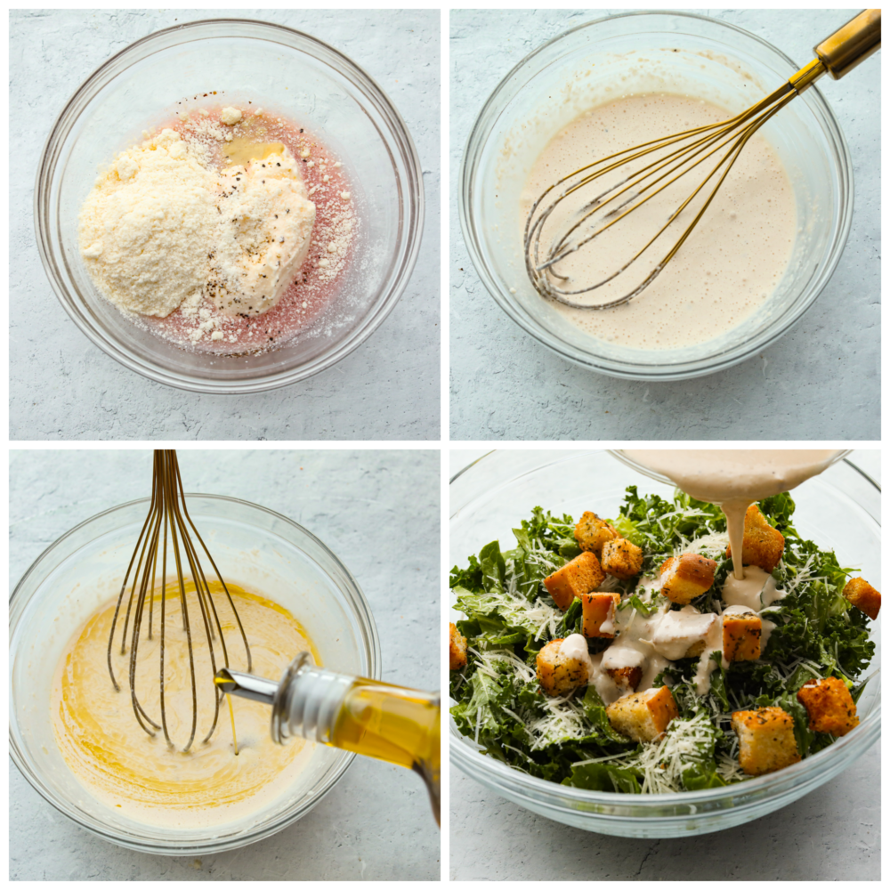 4 process photos of how to make kale Caesar salad.  First photo is the dressing ingredients in a bowl.  The second photo is whisking the dressing ingredients together.  The Third photo is add a slow stream of olive oil into the dressing.  The fourth photo is the dressing being poured over the salad ingredients in a large bowl.