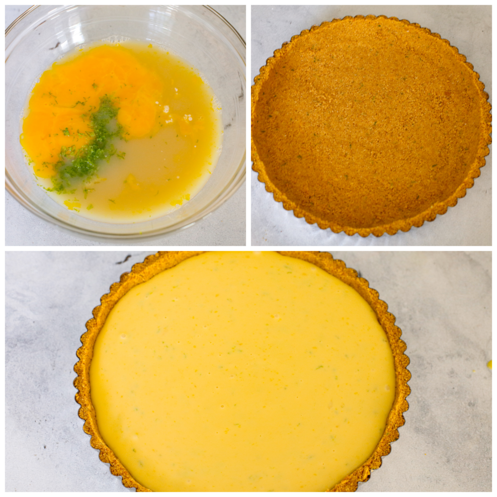 3-photo collage of tart crust and filling being prepared.