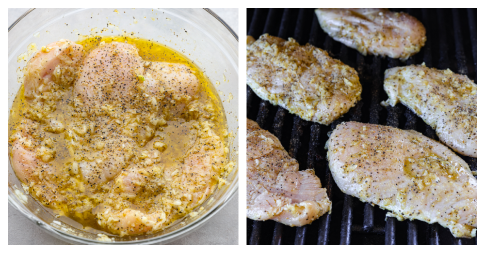 2 immagini.  1 che mostra come aggiungere il limone alla marinata e poi l'altro che mostra il pollo marinato alla griglia. 
