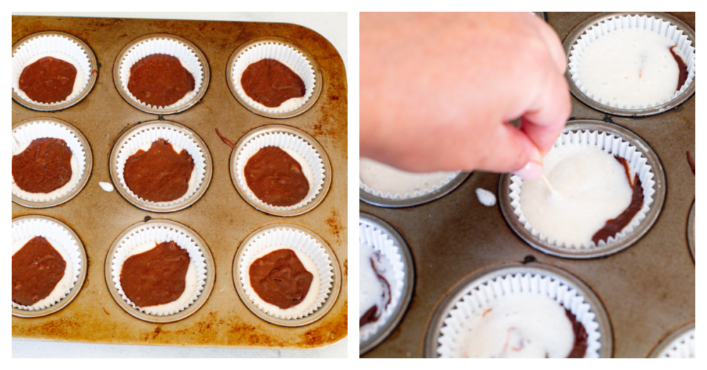 2 pictures showing how to add batter to cupcake liners and swirl it with a toothpick. 