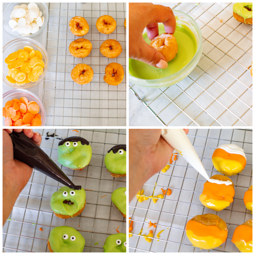 4 pictures showing how to decorate mini donuts to be Frankenstein and candy corns. 