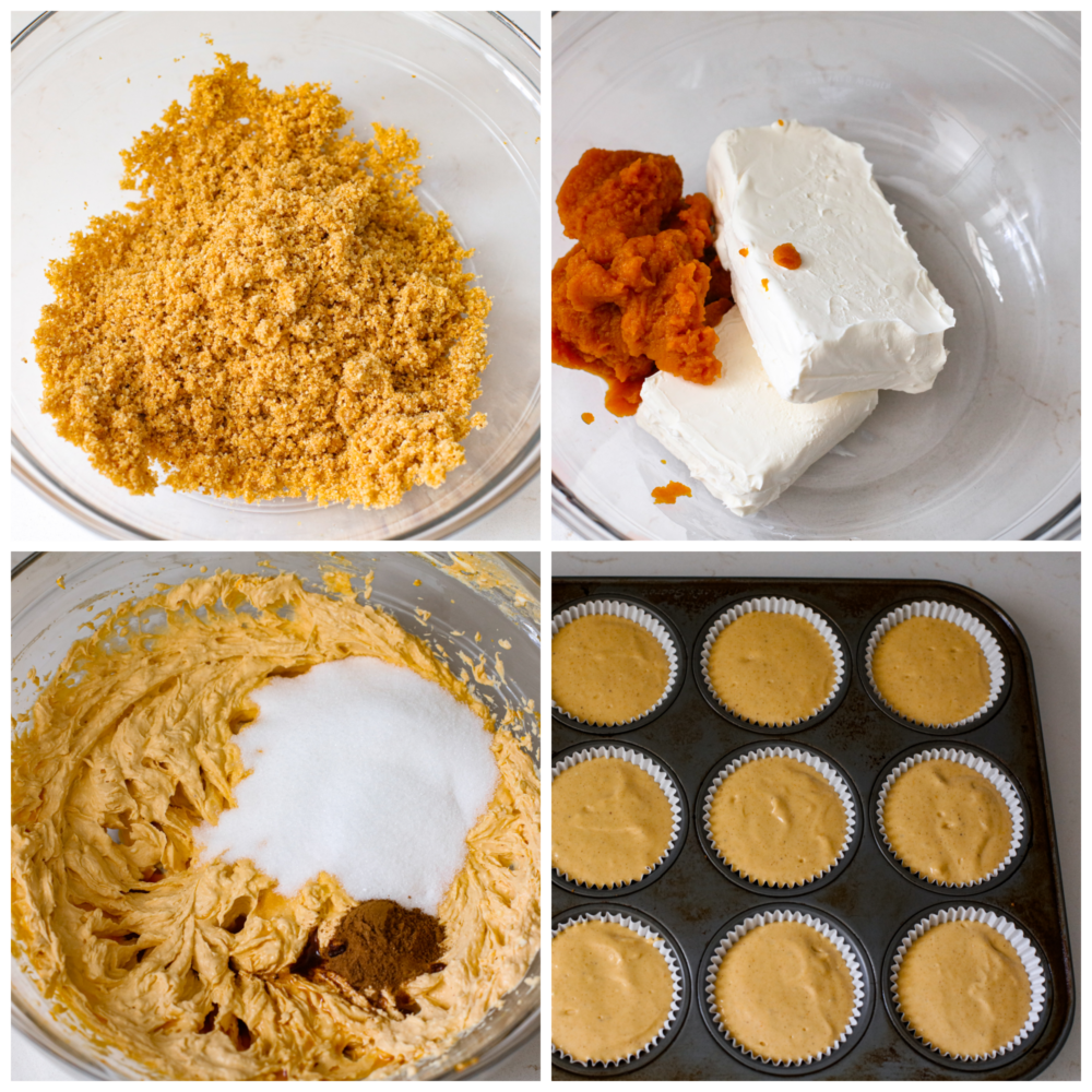 4-photo collage of cheesecake ingredients being mixed together and added to a muffin tin.