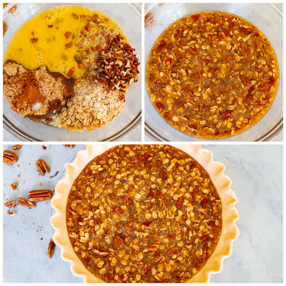 3 pictures showing how to make the filling and add it to a pie crust. 