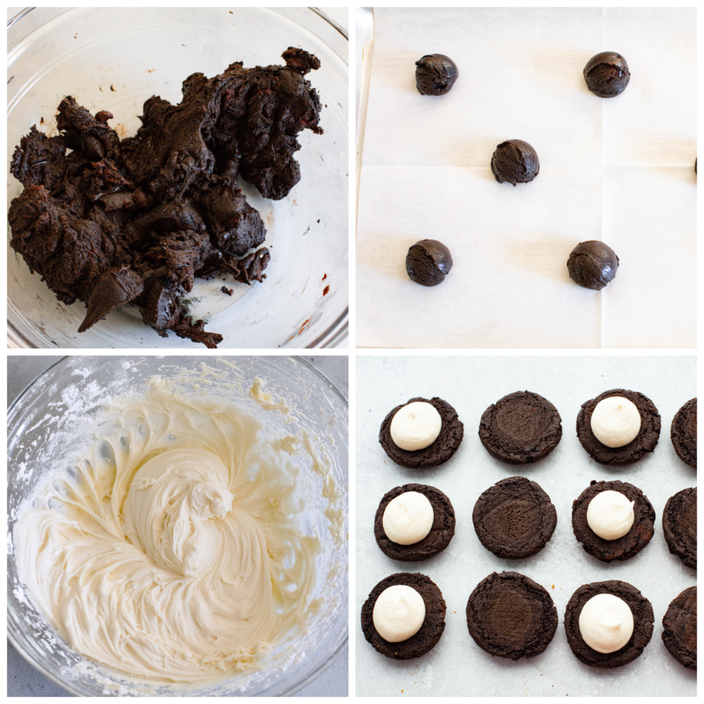4 pictures showing how to roll the dough into balls, make the filling and add the filling to the cookies. 