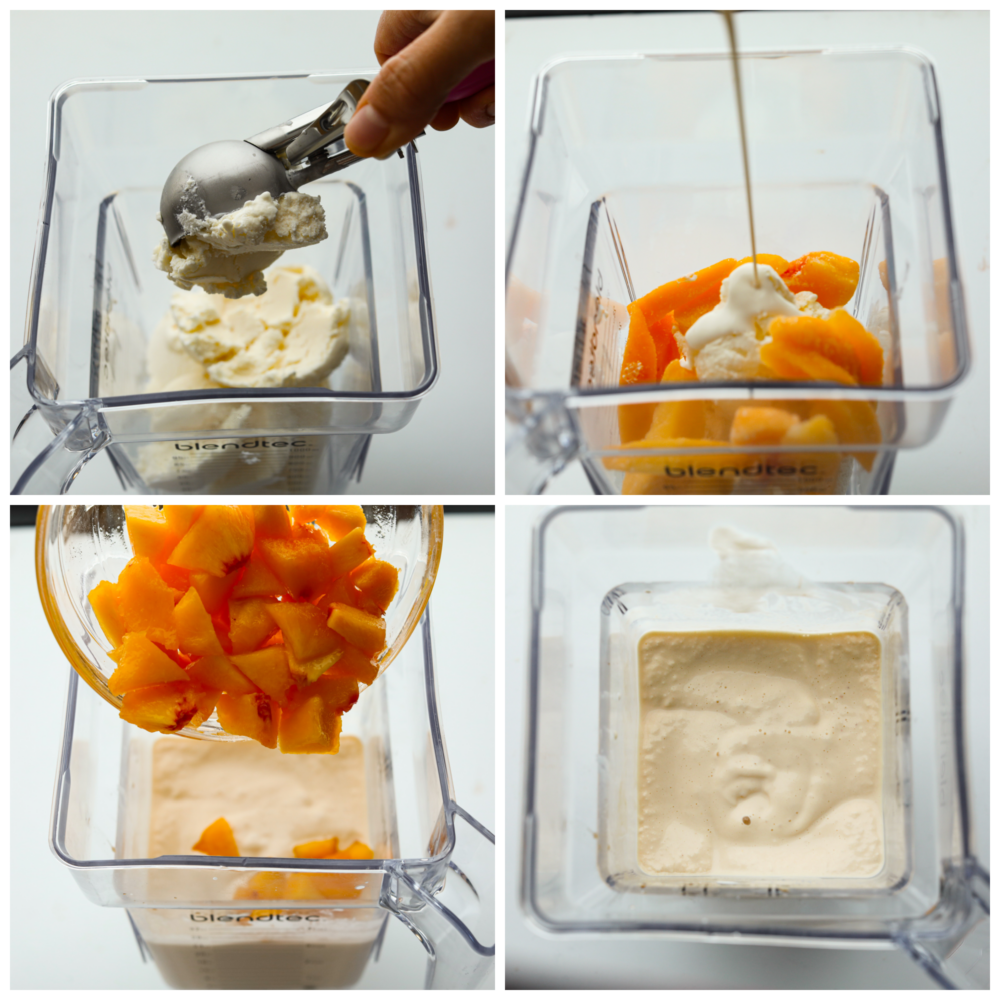 Collage di 4 foto di vari ingredienti aggiunti a un frullatore.