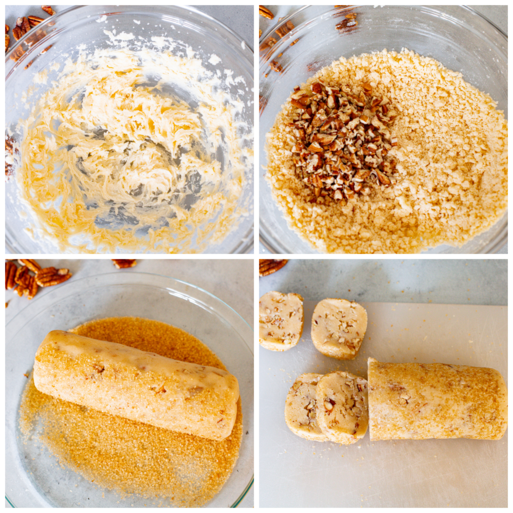 4 process pictures showing how to make the dough, form the dough and cut slices of pecan shortbread cookies. 