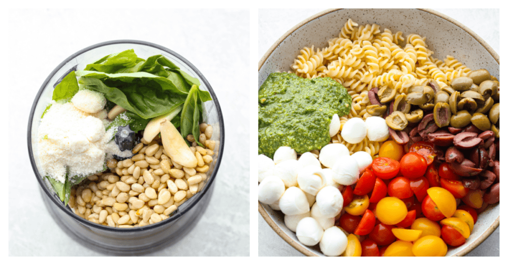 2 pictures. the first one showing the pesto ingredients in a food processor and the second picture is a bowl with the pasta salad ingredients ready to be mixed. 