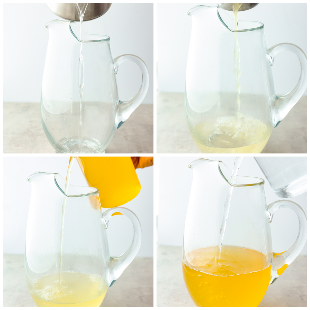 4-photo collage of drink ingredients being added to a pitcher.