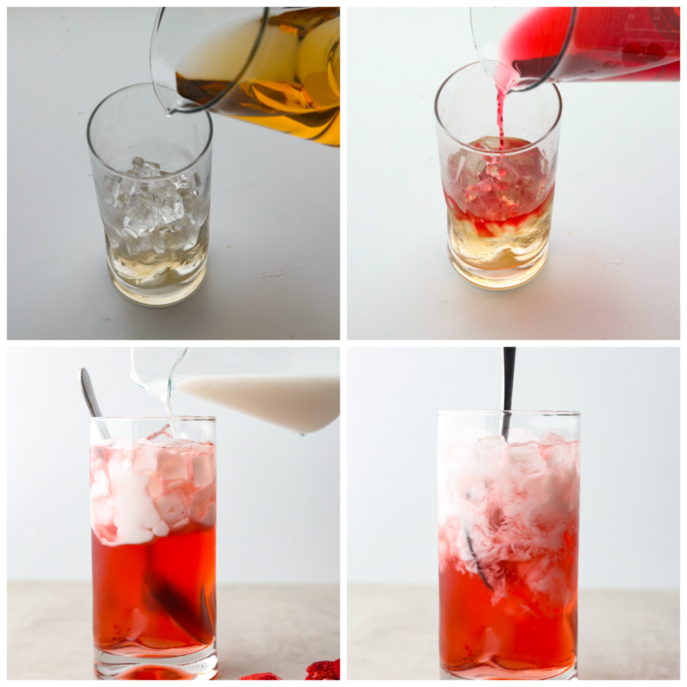 4 pictures showing ho to add grapefruit juice, ea and coconut milk to a glass. 