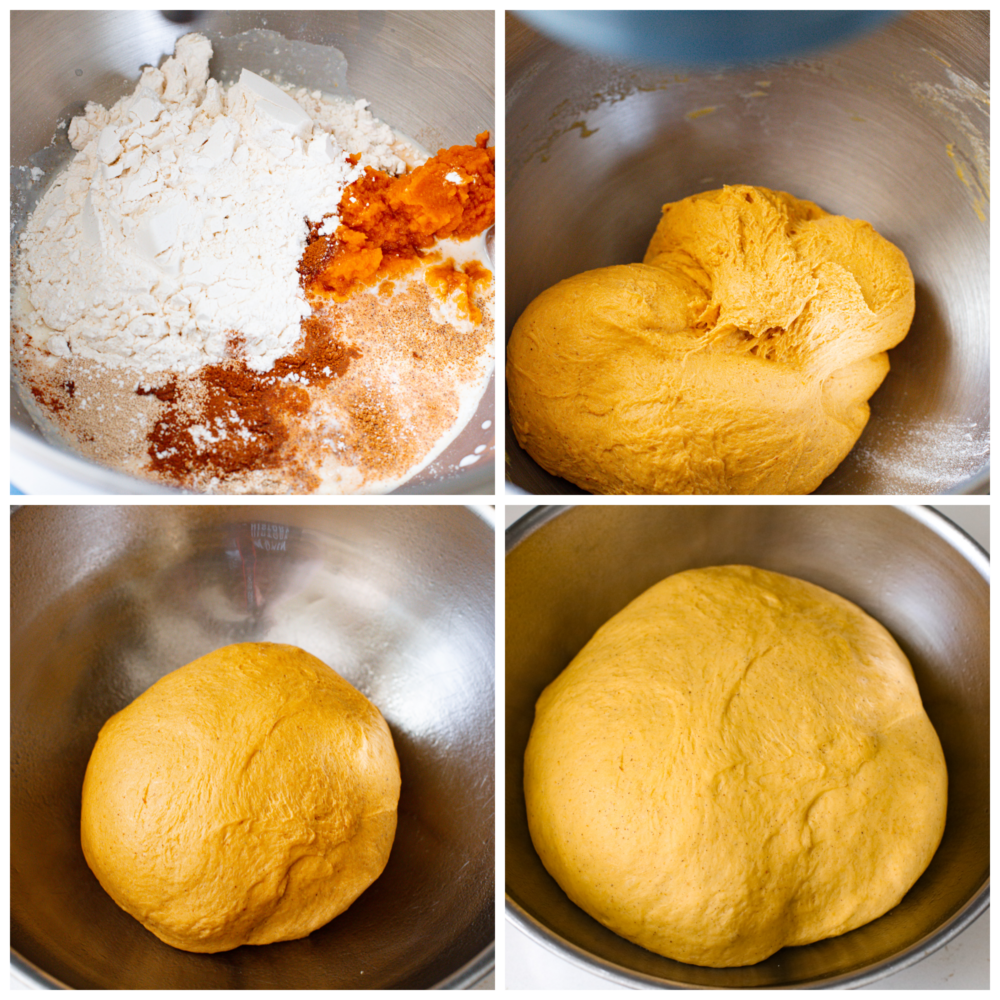 4-photo collage of dough ingredients being mixed together.
