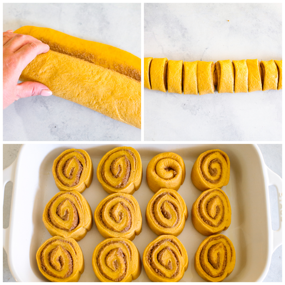 Pumpkin cinnamon roll dough being rolled and cut into slices.