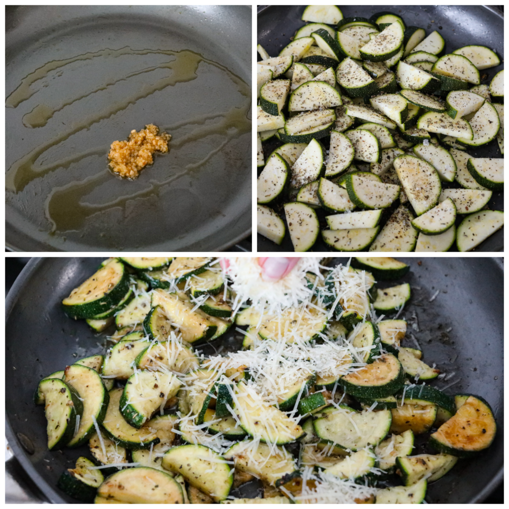 Three process photos of how to make sautéed zucchini.  First photo is a skillet with olive oil and garlic.  The second photo is the sliced zucchini and seasonings added to the skillet.  The third photo is a the parmesan cheese being sprinkled on top of the sautéed zucchini.