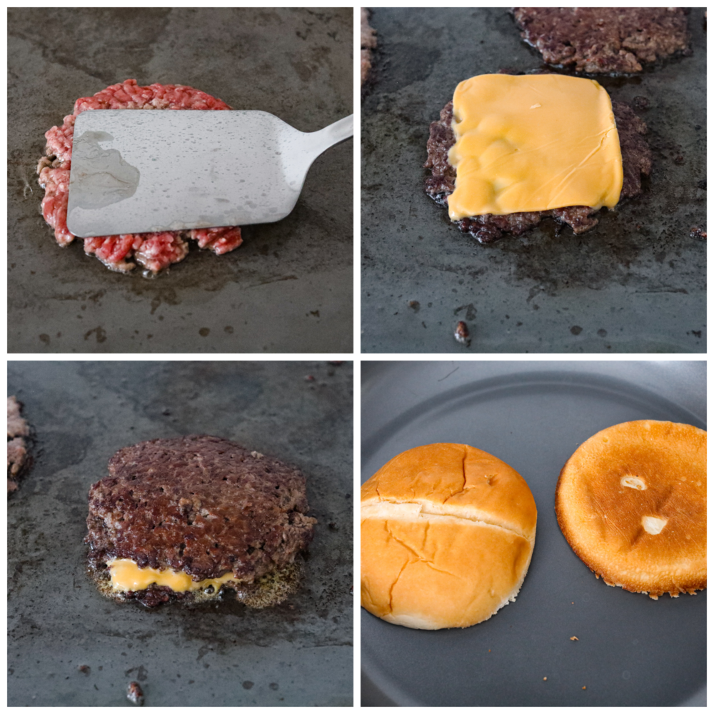 4 process photos of cooking the burgers.  First photo is the spatula smashing the meat to be flat.  Second photo is a cooked burger with cheese melting on top.  Third photo is two patties layered on top of each other with cheese in middle.  Fourth photo is the buns toasting in a skillet.