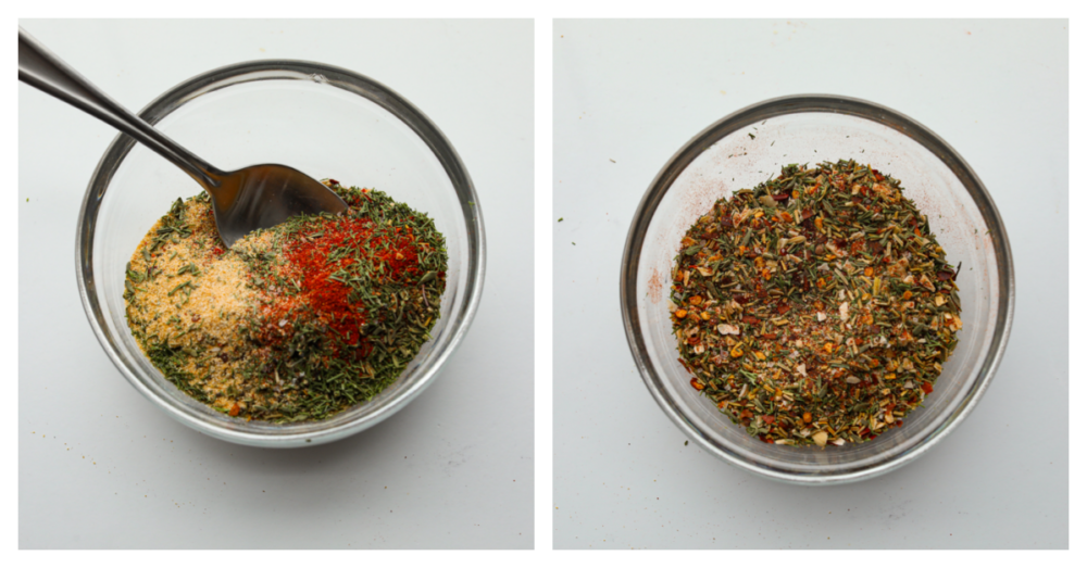 2 pictures showing how to mix up the steak seasoning. 