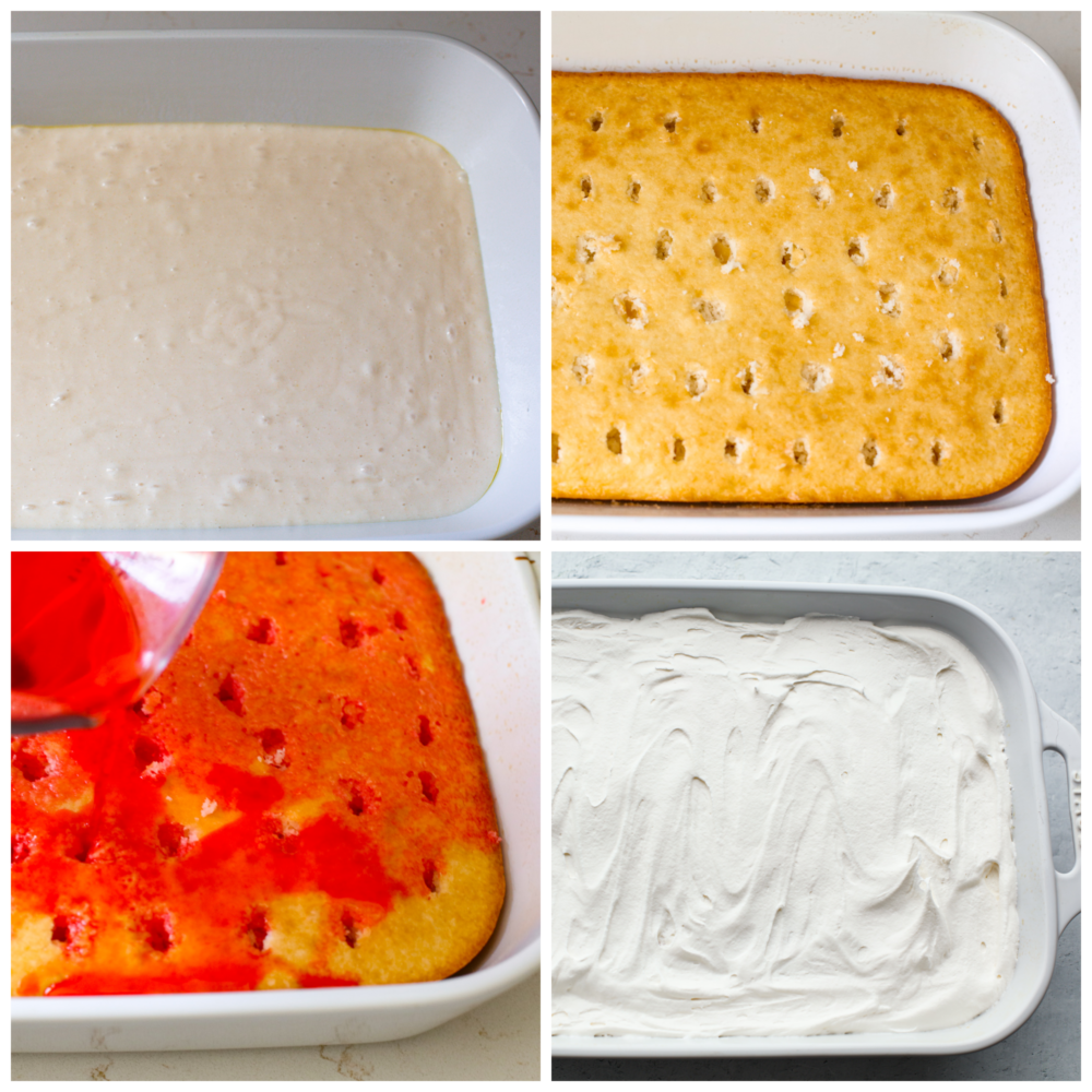 4 pictures showing how to make the cake, add the jello and then spread on the topping. 