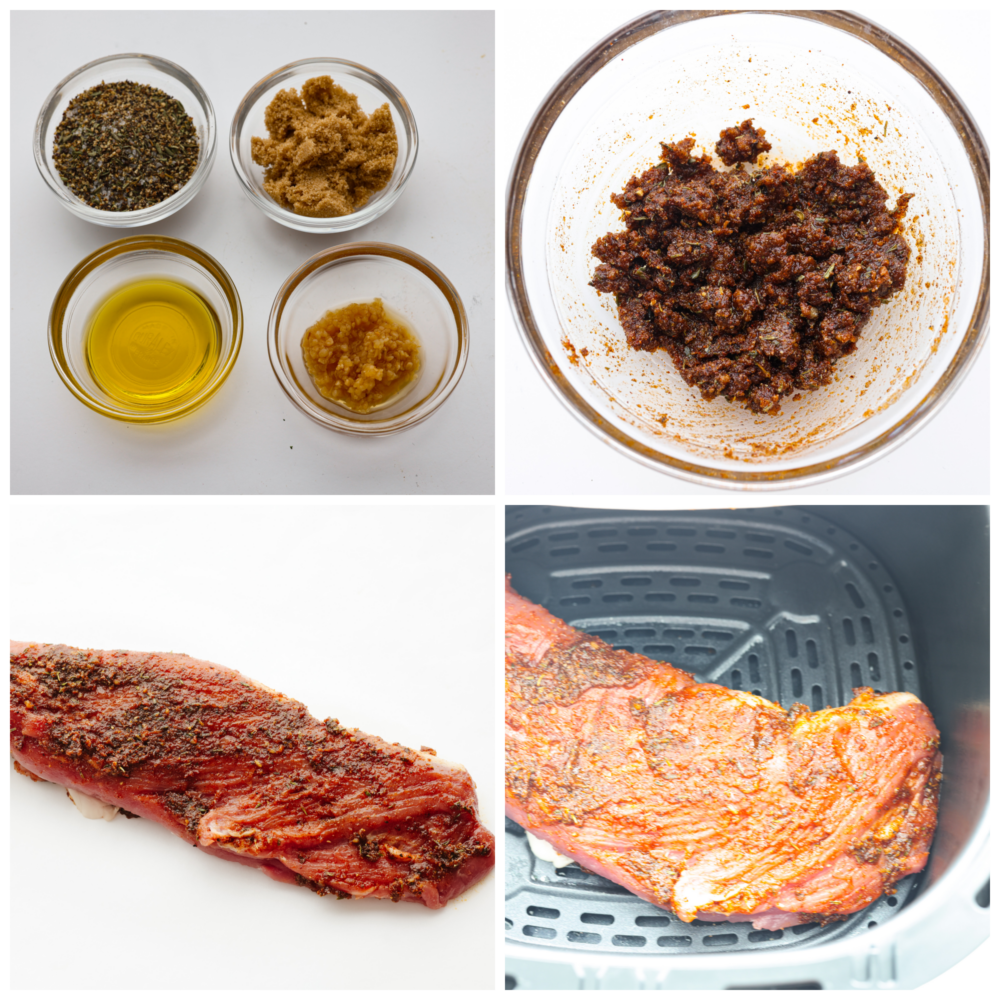 4 process photos.  First photo is rub ingredients in a bowl.  Seasoning, brown sugar, oil, and garlic.  Second photo is a bowl of the mixed rub ingredients.  Third photo is the raw pork tenderloin with the rub all over it.  Fourth photo is the raw marinated tenderloin in the air fryer and ready to cook.