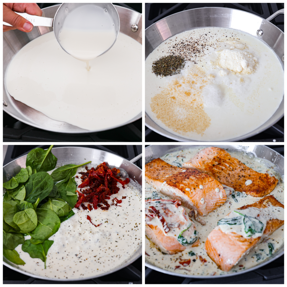 4 pictures showing how to cook salmon fillets in the sauce. 