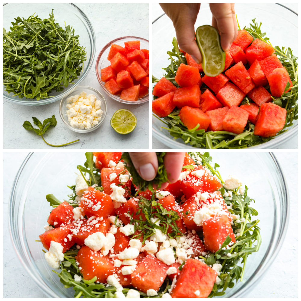 Three process shots of assembling the salad.  First photo is of arugula, watermelon, and feta in separate bowl with mint and lime laying next to the bowls.  Second photo is the arugula and watermelon in a clear bowl with a hand squeezing on lime.  Third photo is the salad with sprinkled feta cheese and a hand adding fresh mint.