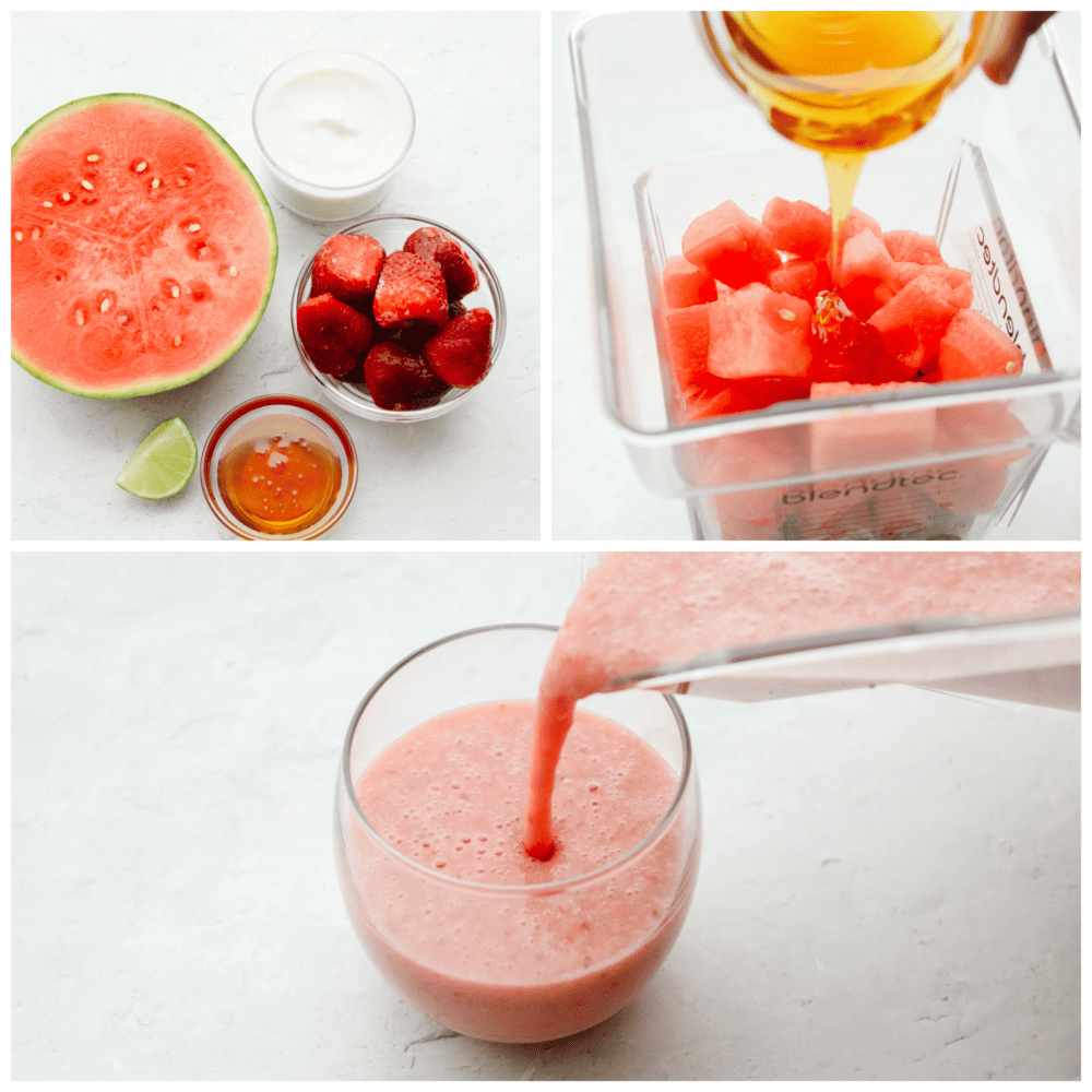 3 pictures showing how to add ingredients to a blender and mixx them all together.