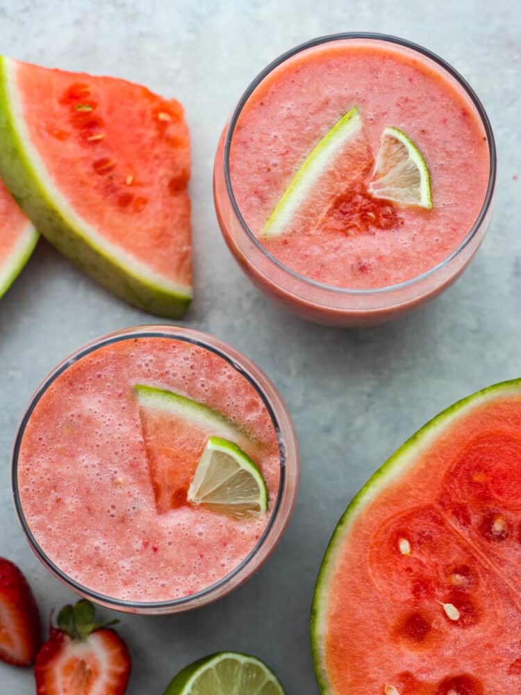 The top view of glasses filled with watermelon smoothie. 