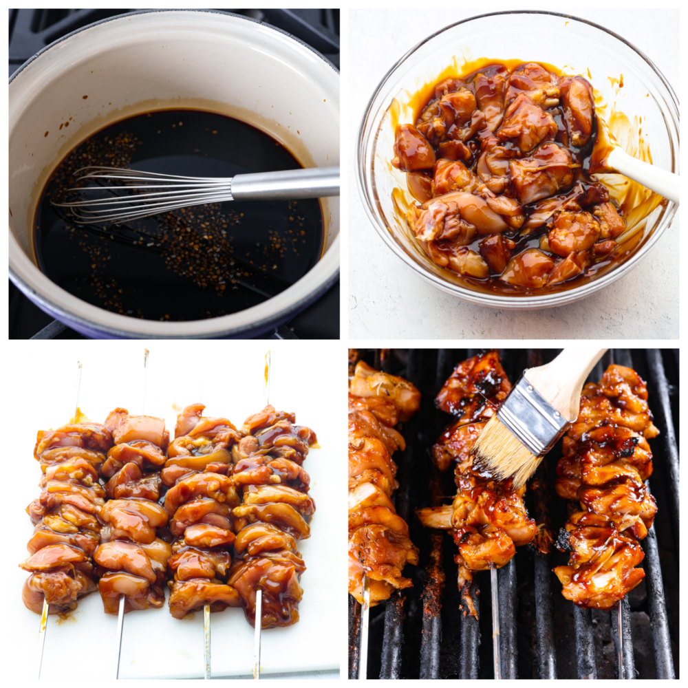 4-photo collage of chicken being marinated and grilled.