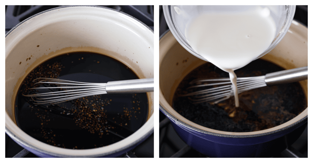 2-photo collage of sauce being prepared.