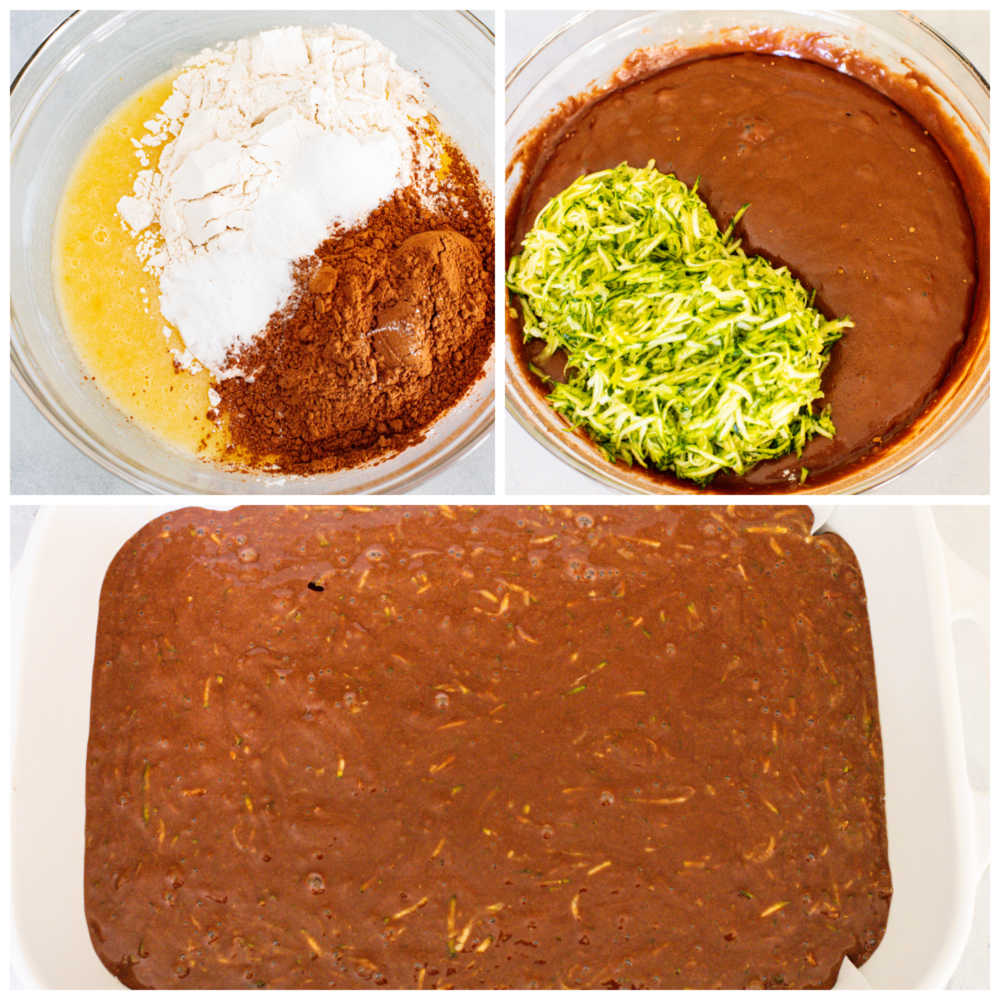 3 pictures showing how to mix up cake batter and put it into a pan. 