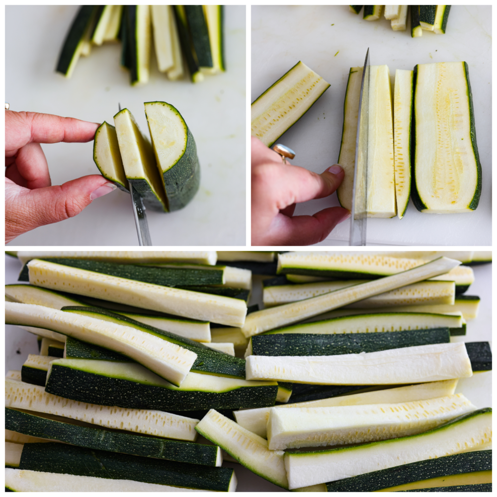 3-photo collage of zucchini being cut into fry-sized pieces.