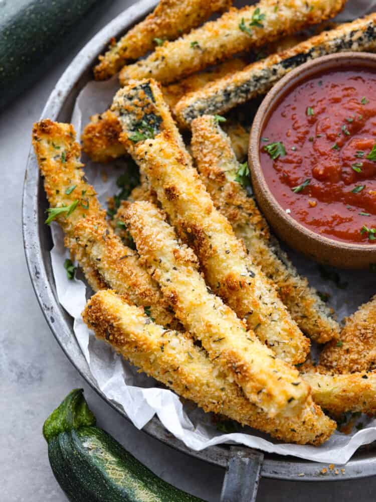 Closeup shot of baked zucchini fries.