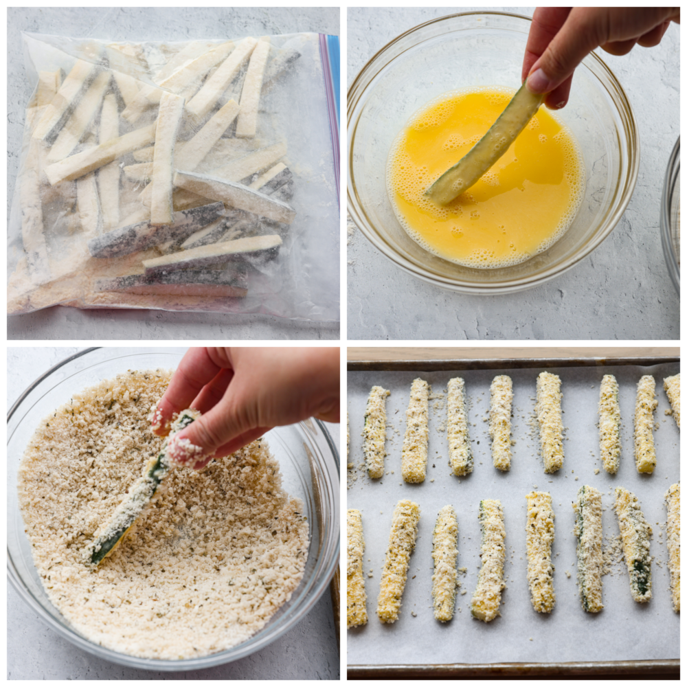4-photo collage of zucchini fries being battered.